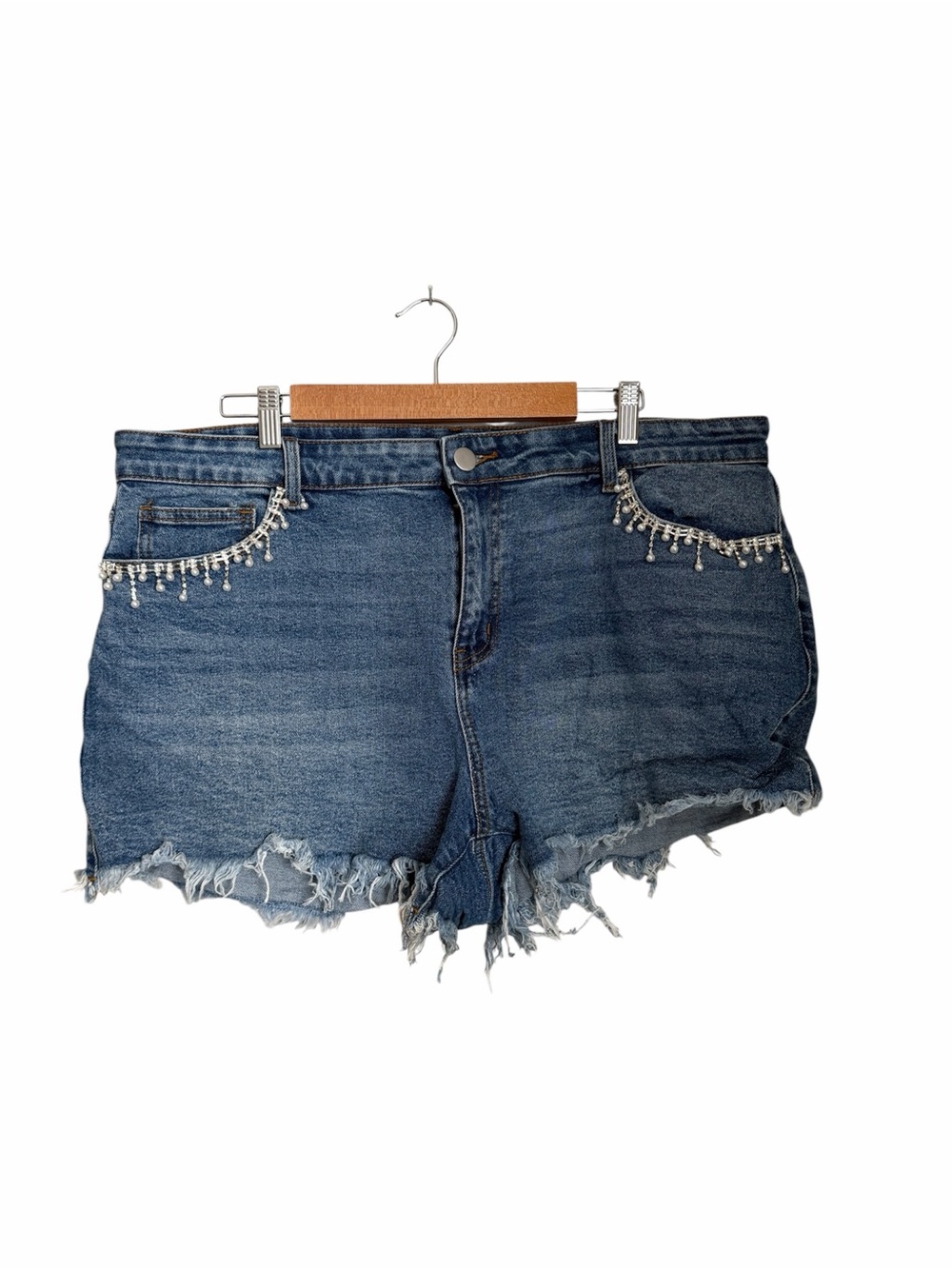 ARULA Dark Blue Denim Rhinestone Trim Frayed Hem Shorts
